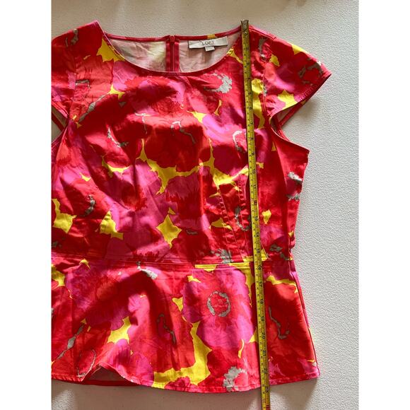 LOFT Floral Print Peplum Cap Sleeve Bright Orange Pink Yellow Top Size 4 - Picture 8 of 8